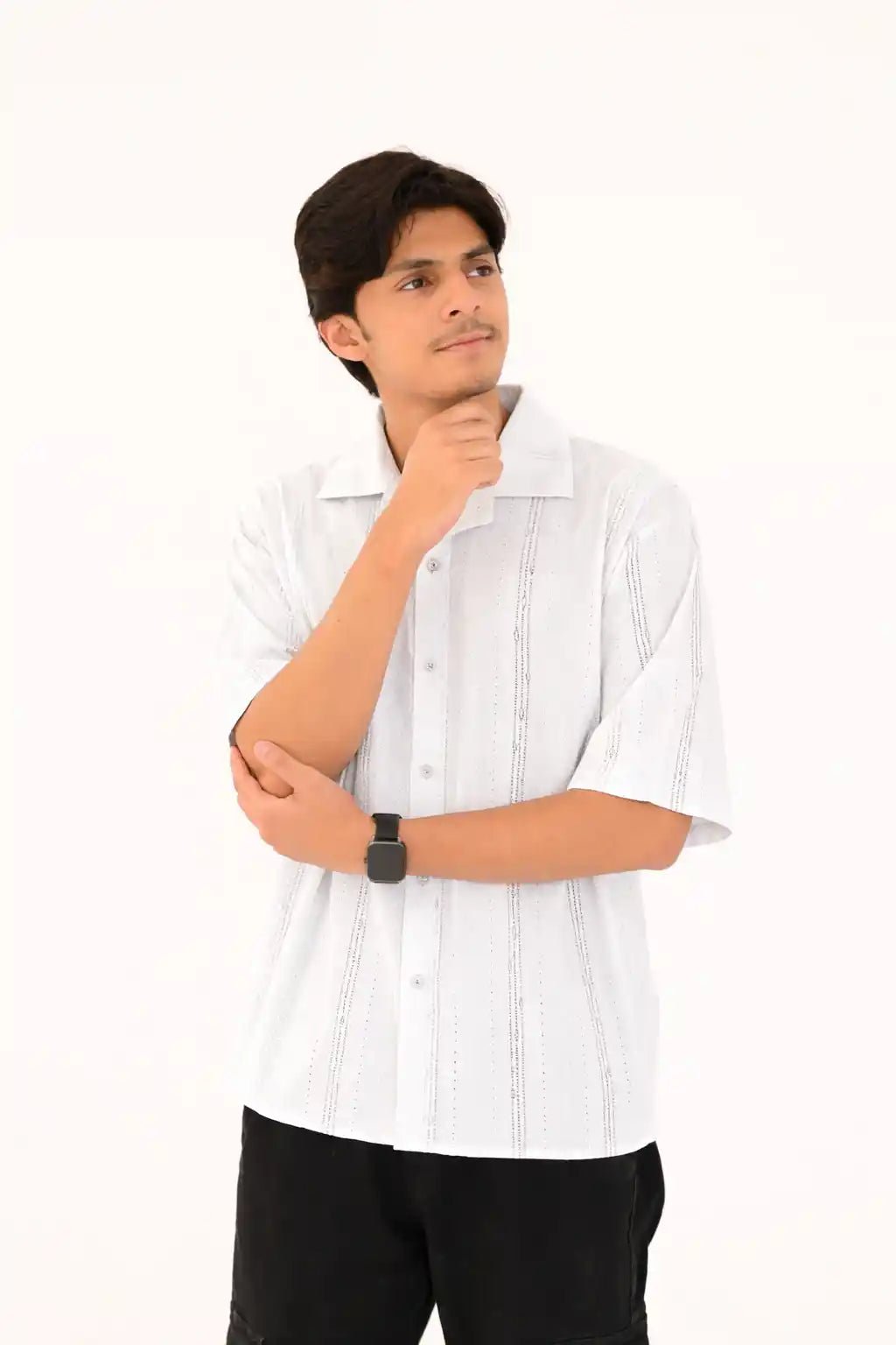 Oversized Textured Johnny Collar Open Shirt - Vibe Z9