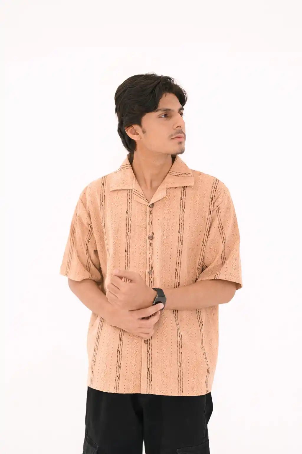 Oversized Textured Johnny Collar Open Shirt - Vibe Z9