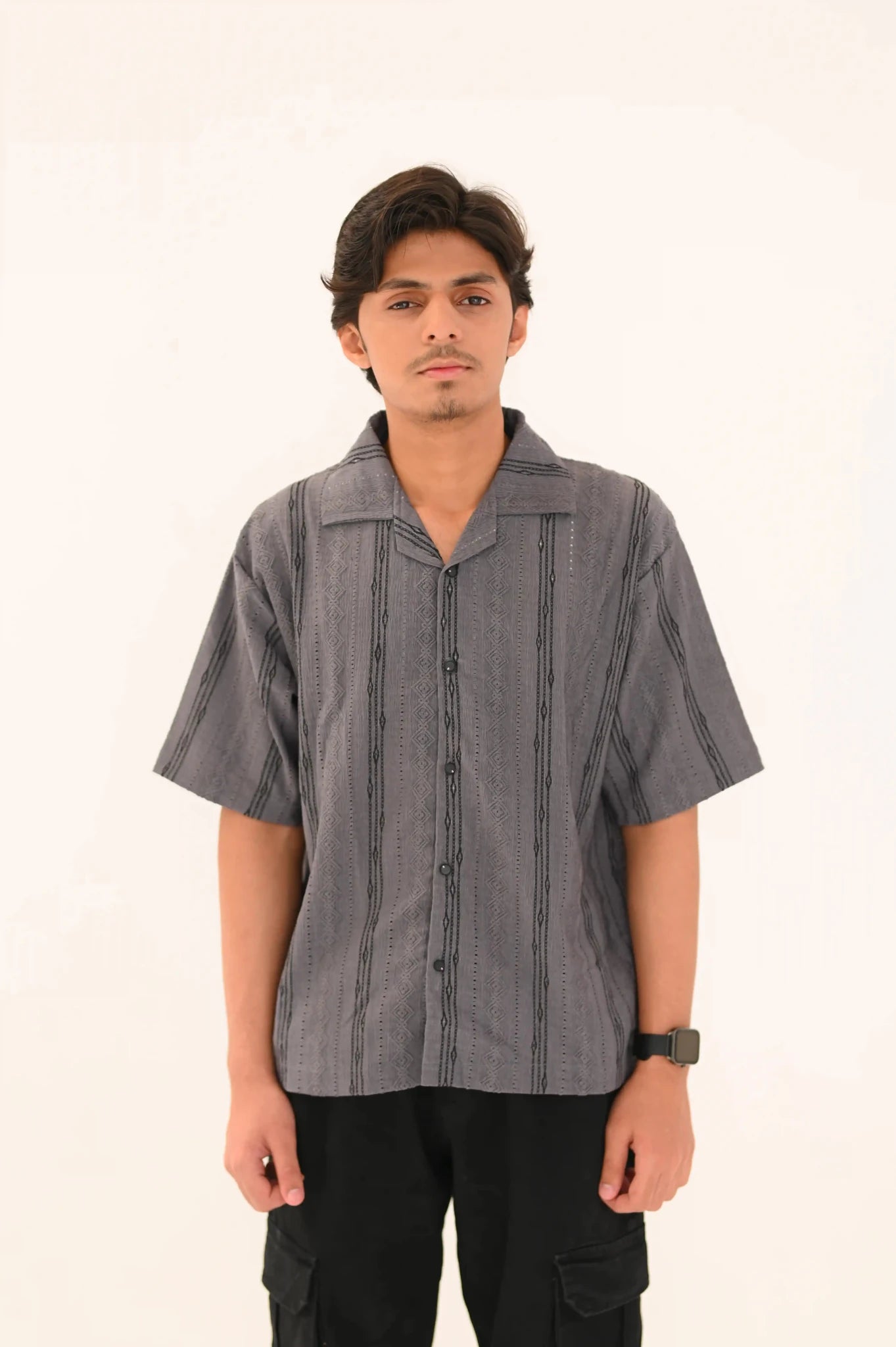 Oversized Textured Johnny Collar Open Shirt - Vibe Z9