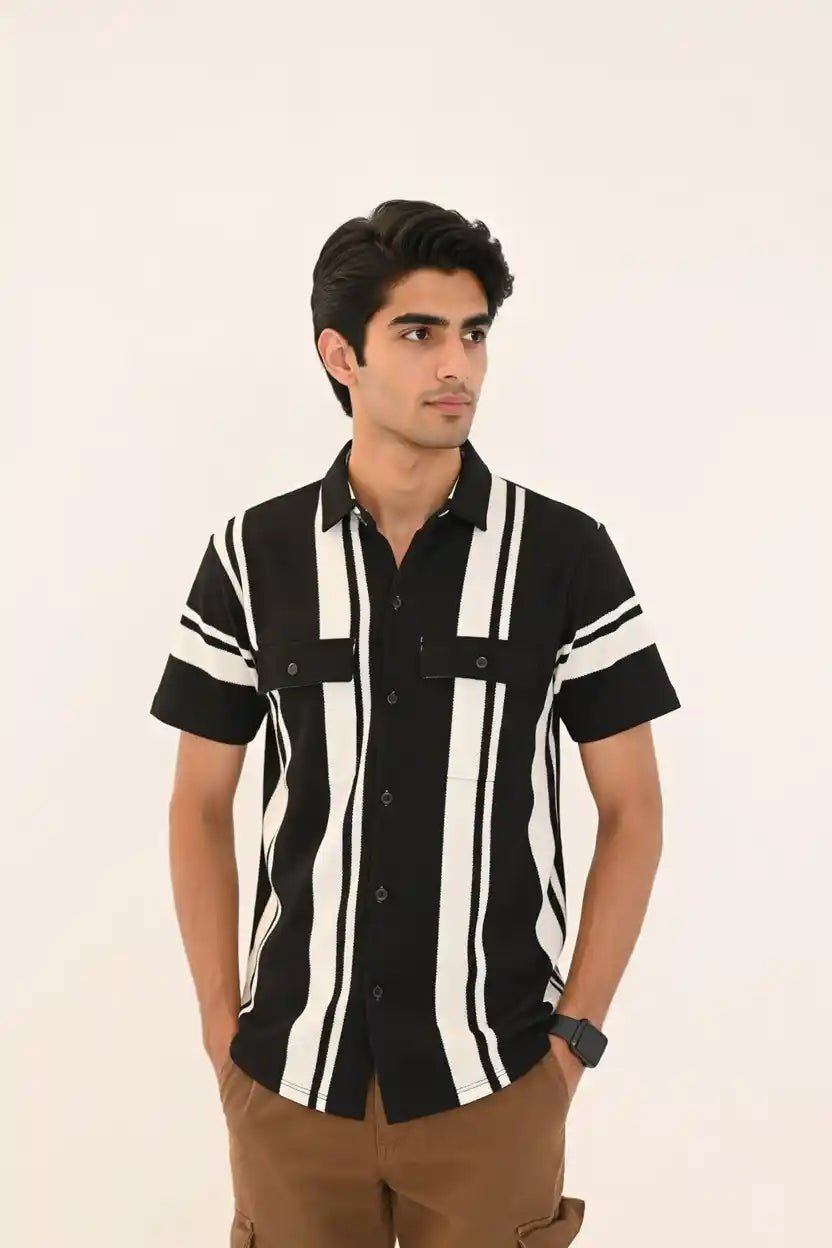 Premium Striped Open Shirt – Textured Fabric Double Pocket - Vibe Z9