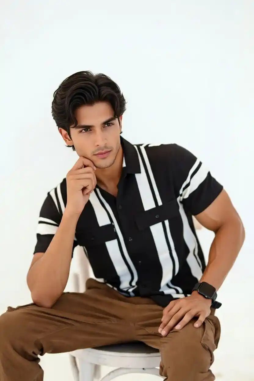 Premium Striped Open Shirt – Textured Fabric Double Pocket - Vibe Z9