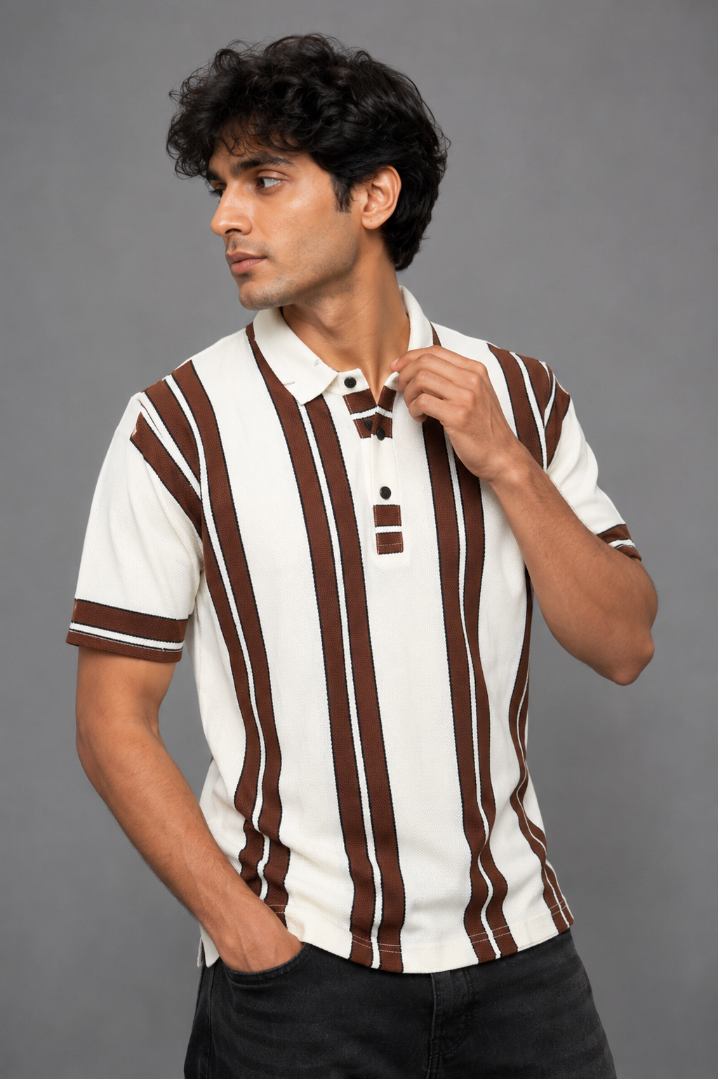 Vertical Stripe Knit Polo | Regular Fit Button Placket