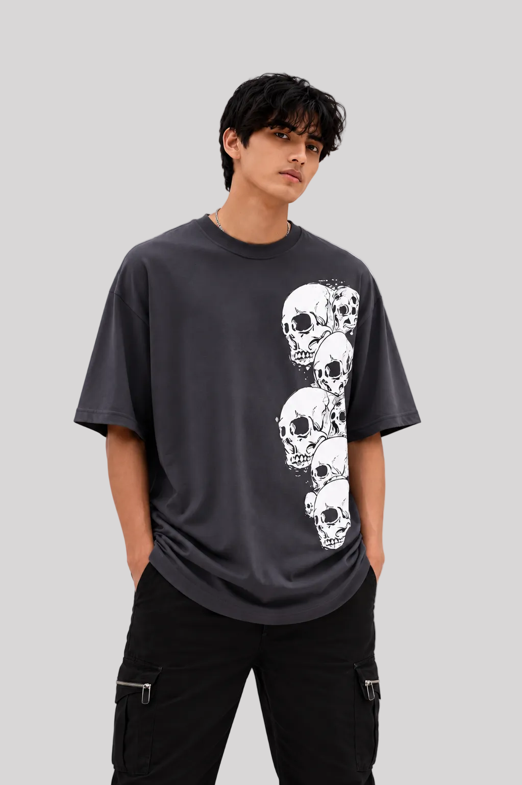 Oversized Skull Graphic Tee - Vertical Skull Stack Print