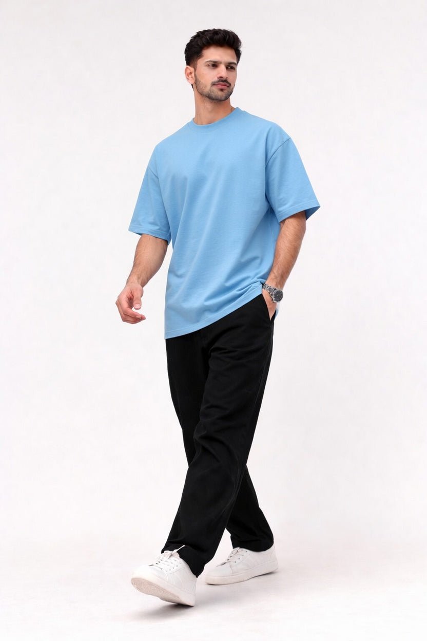 Sky Blue Oversized Crew Neck Tee | Premium Cotton Unisex - Vibe Z9
