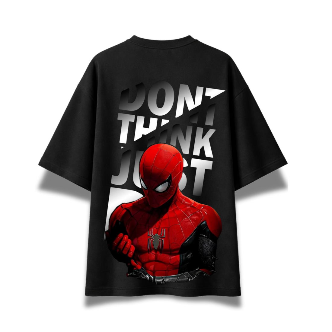 A black short-sleeve t-shirt featuring a large graphic print of Spider-Man in his red and black suit, with the text 'DON'T THINK JUST' in bold white letters behind him, shown against a plain white background.