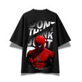 A black short-sleeve t-shirt featuring a large graphic print of Spider-Man in his red and black suit, with the text 'DON'T THINK JUST' in bold white letters behind him, shown against a plain white background.