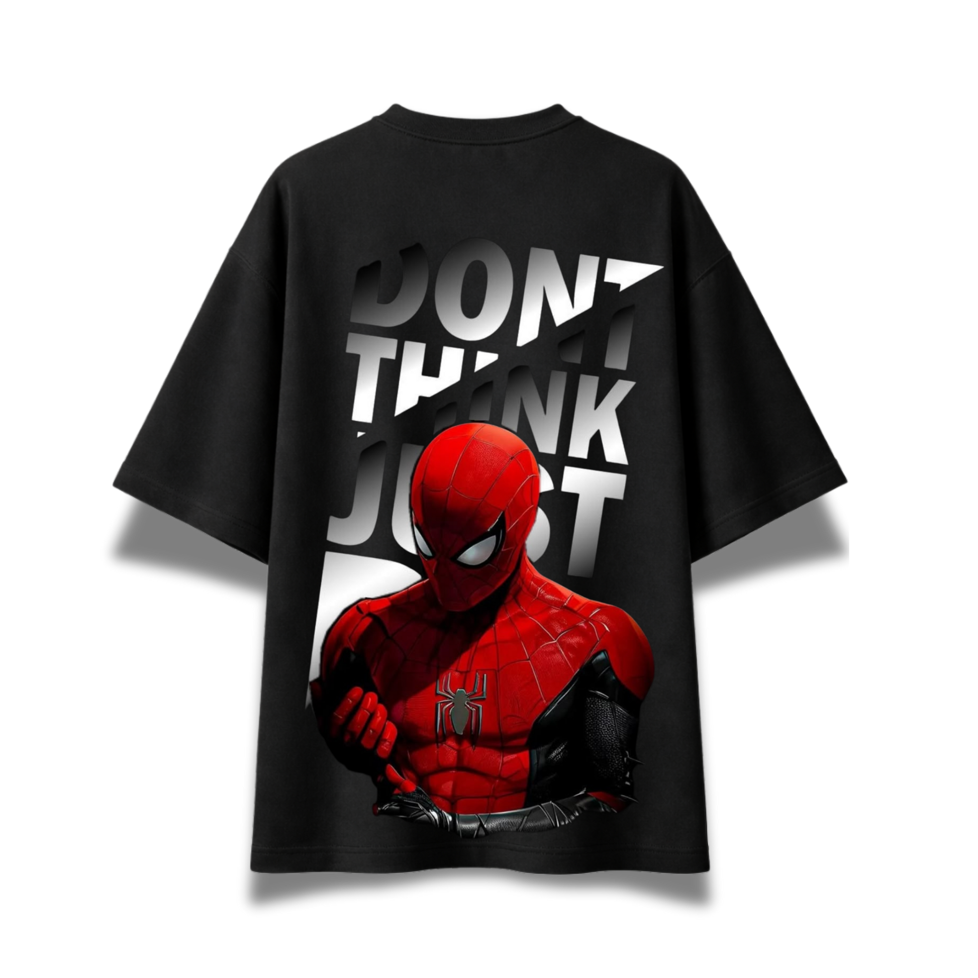 A black short-sleeve t-shirt featuring a large graphic print of Spider-Man in his red and black suit, with the text 'DON'T THINK JUST' in bold white letters behind him, shown against a plain white background.
