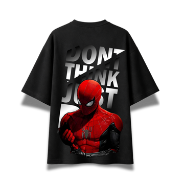 A black short-sleeve t-shirt featuring a large graphic print of Spider-Man in his red and black suit, with the text 'DON'T THINK JUST' in bold white letters behind him, shown against a plain white background.