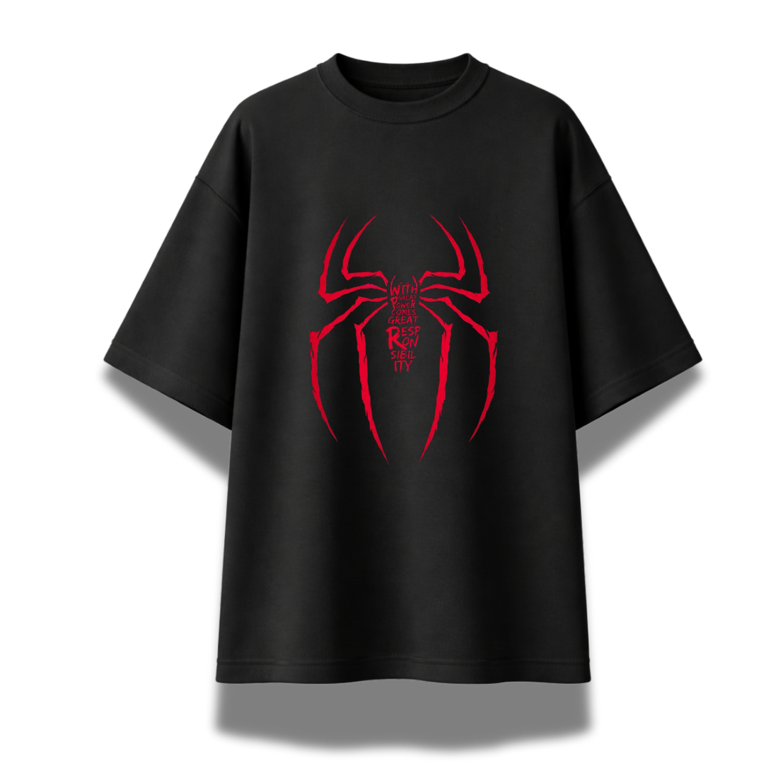 A black short-sleeve t-shirt featuring a large graphic print of Spider-Man in his red and black suit, with the text 'DON'T THINK JUST' in bold white letters behind him, shown against a plain white background.