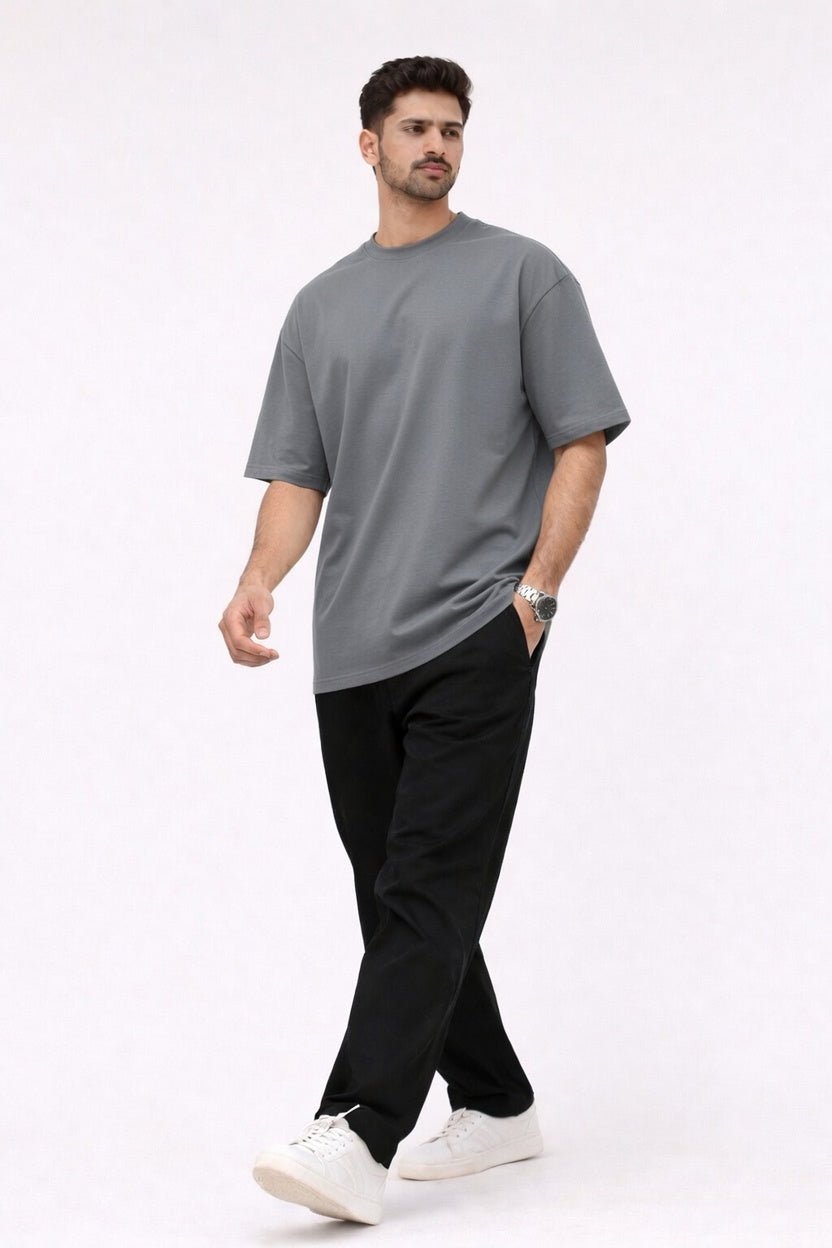 Steel Grey Oversized Crew Neck Tee | Premium Cotton Unisex - Vibe Z9