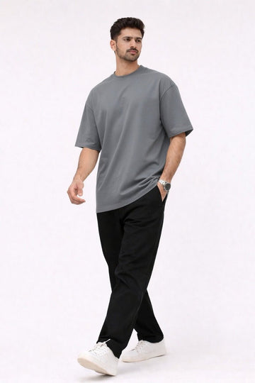 Steel Grey Oversized Crew Neck Tee | Premium Cotton Unisex - Vibe Z9
