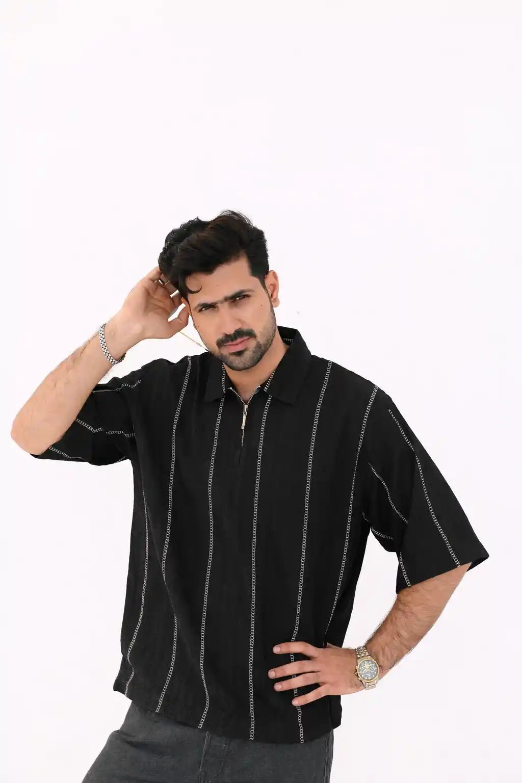 Textured Oversized Half Zip Shirt – Imported - Vibe Z9