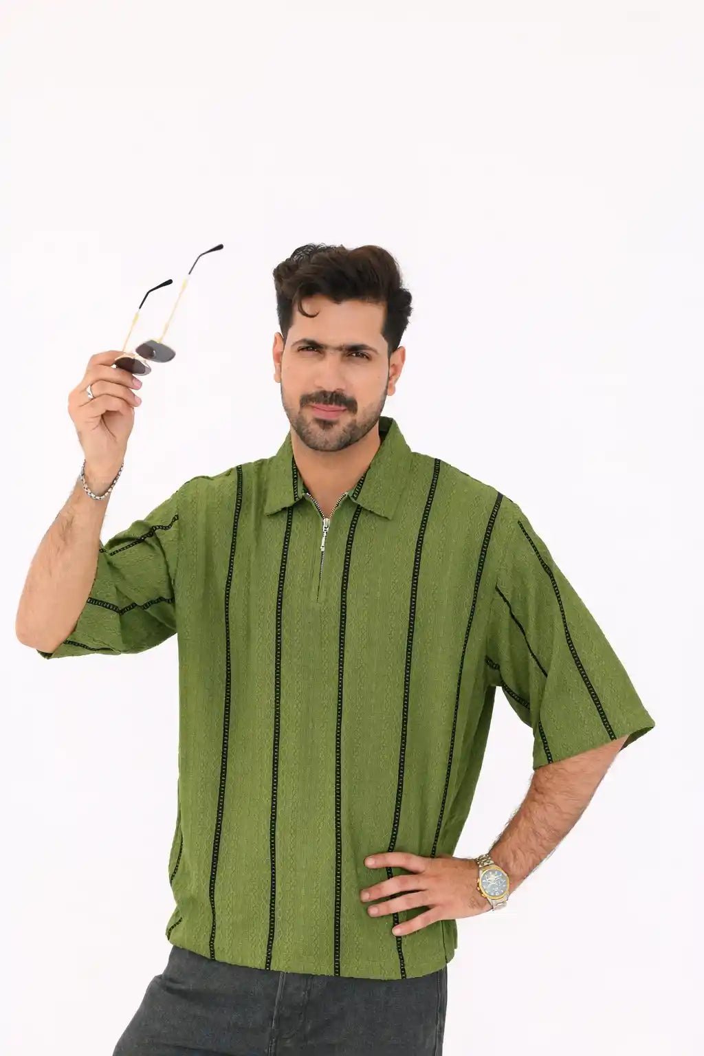 Textured Oversized Half Zip Shirt – Imported – Vibe Z9