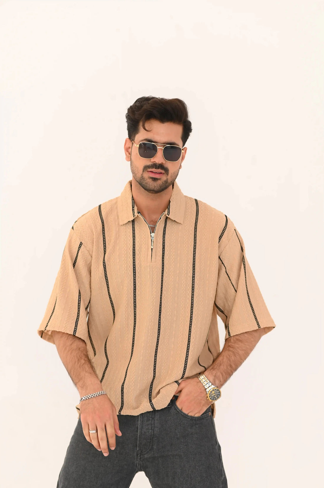 Textured Oversized Half Zip Shirt – Imported - Vibe Z9