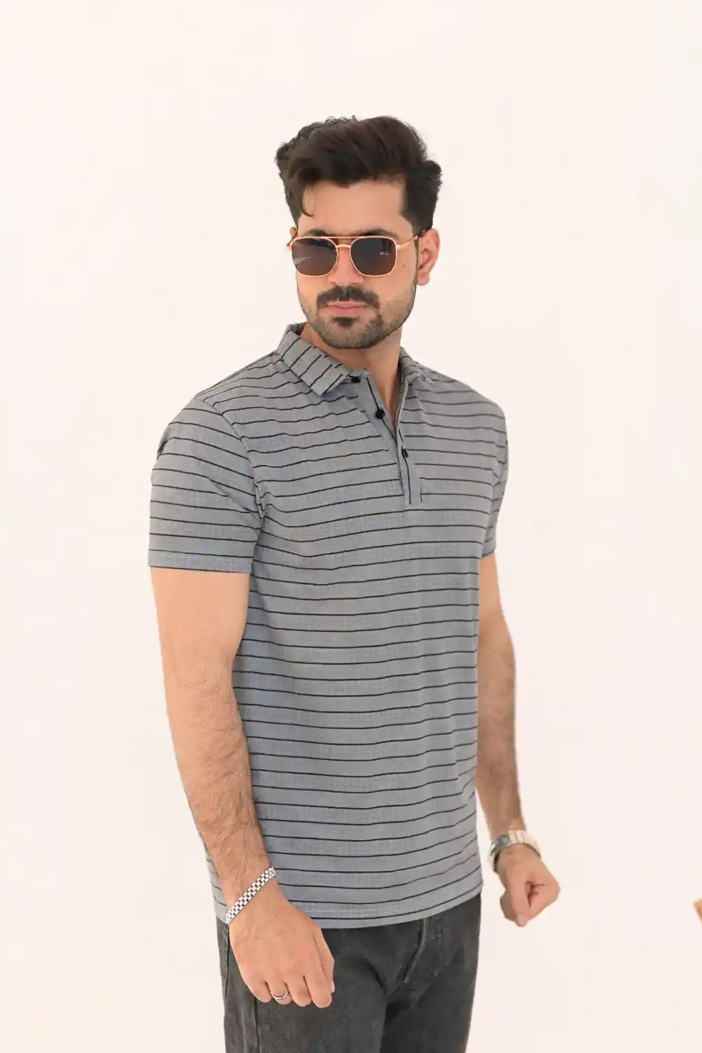 Textured Striped Polo Shirt – 3 Button Smart Casual Fit - Vibe Z9
