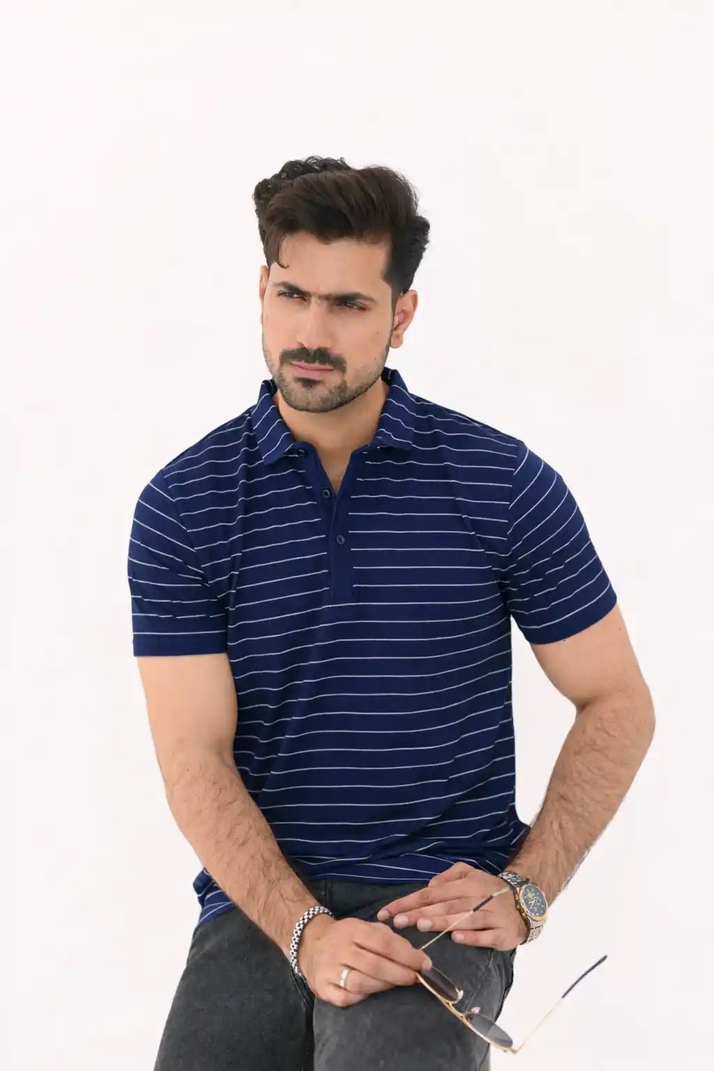 Textured Striped Polo Shirt – 3 Button Smart Casual Fit - Vibe Z9
