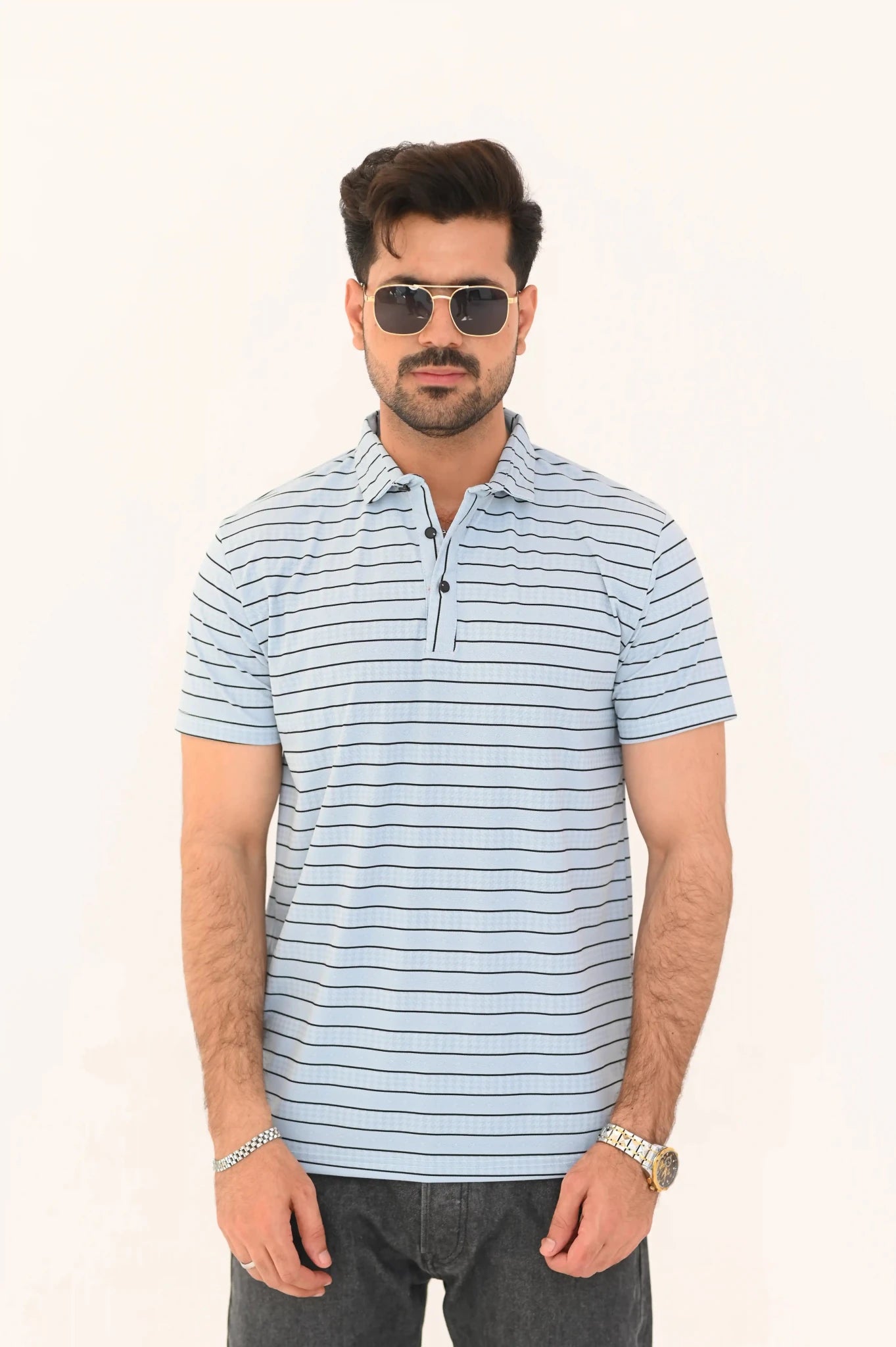 Textured Striped Polo Shirt – 3 Button Smart Casual Fit - Vibe Z9