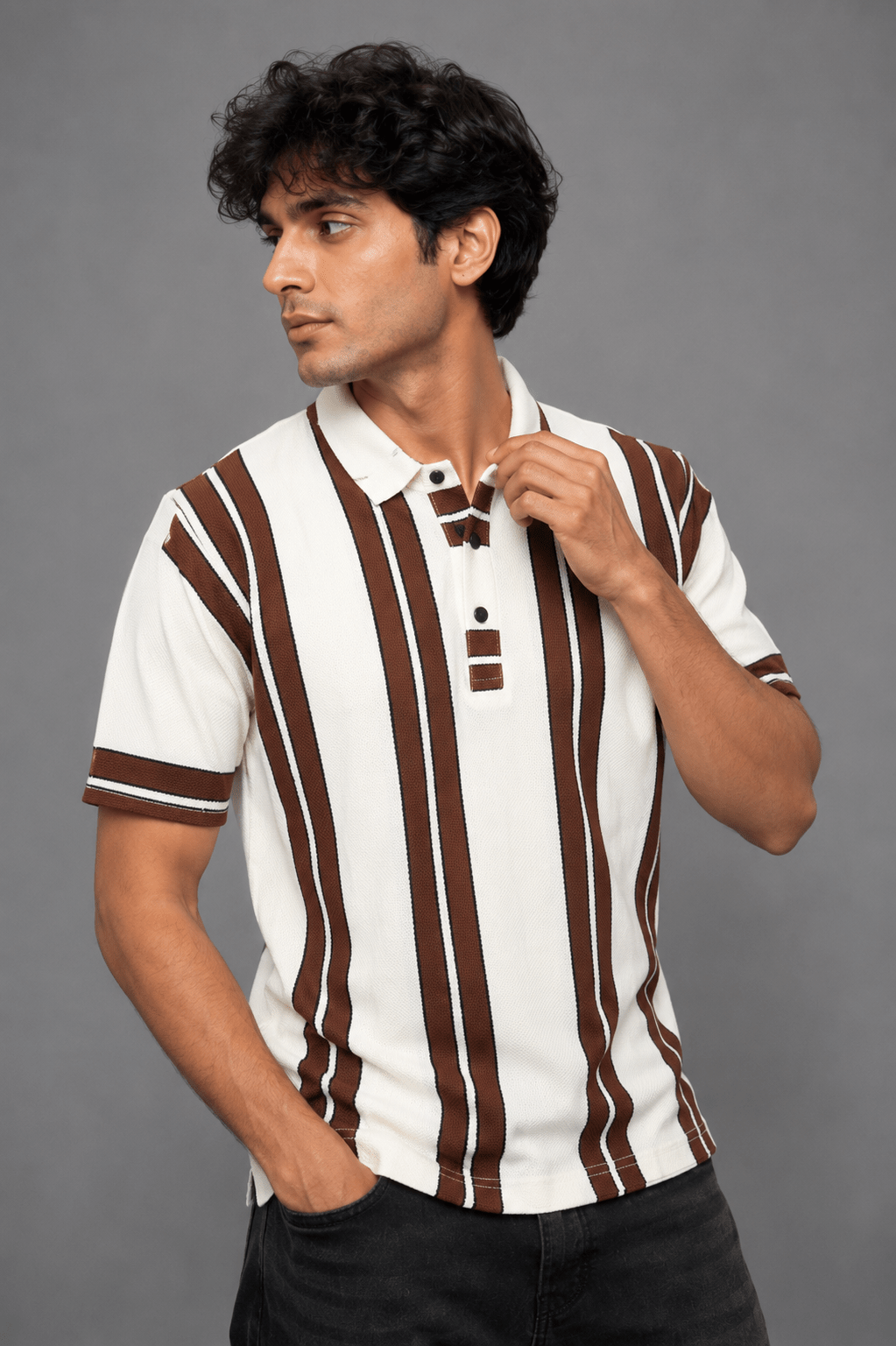 Vertical Stripe Knit Polo | Regular Fit Button Placket - Vibe Z9