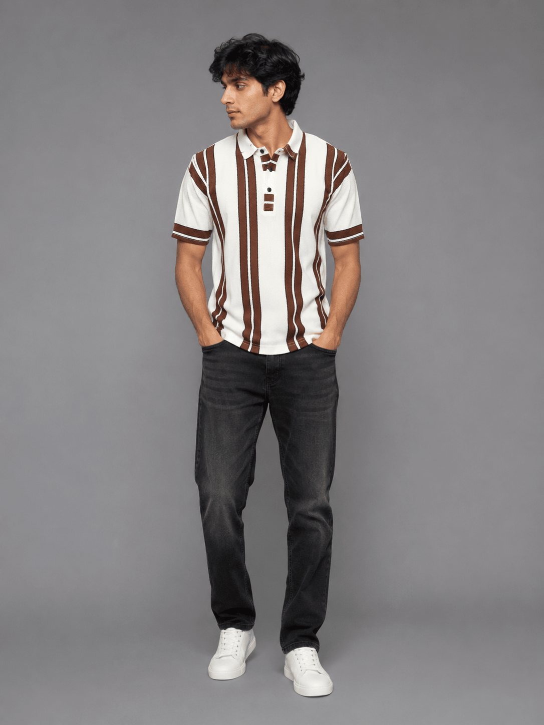 Vertical Stripe Knit Polo | Regular Fit Button Placket - Vibe Z9