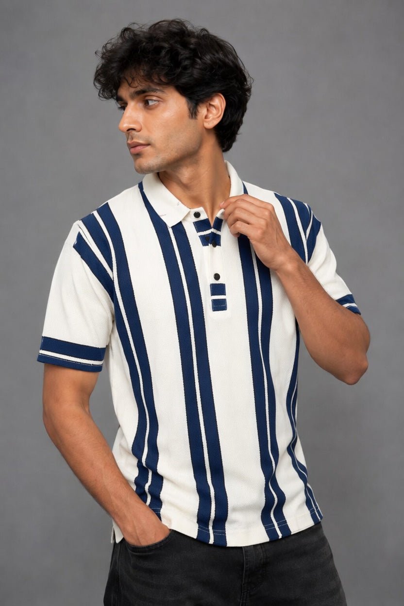 Vertical Stripe Knit Polo | Regular Fit Button Placket - Vibe Z9