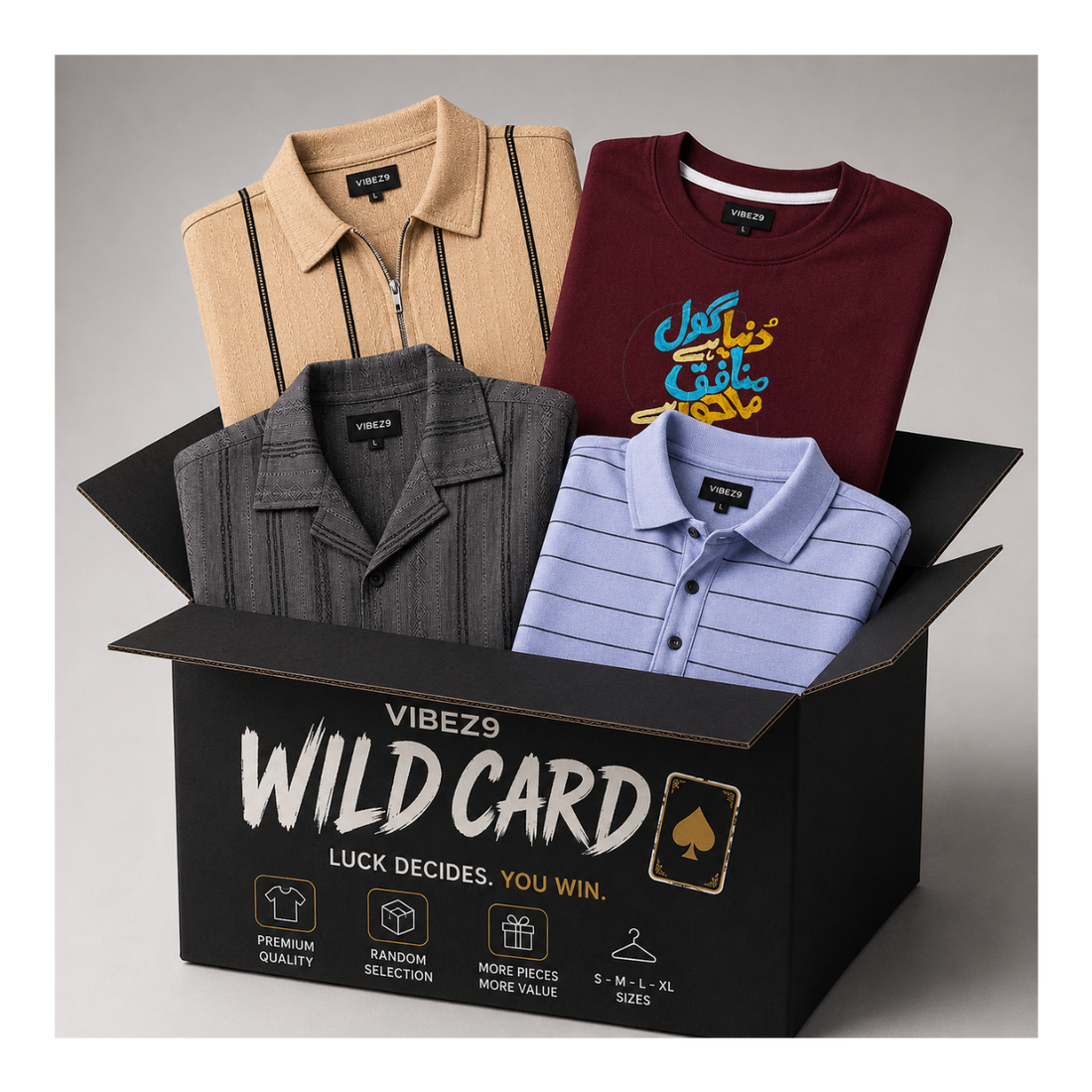 A black VIBEZ9 'Wild Card' mystery box filled with folded clothing, including a beige striped polo, a maroon graphic T-shirt, a dark gray collared shirt, and a light blue striped polo, on a neutral gray background.