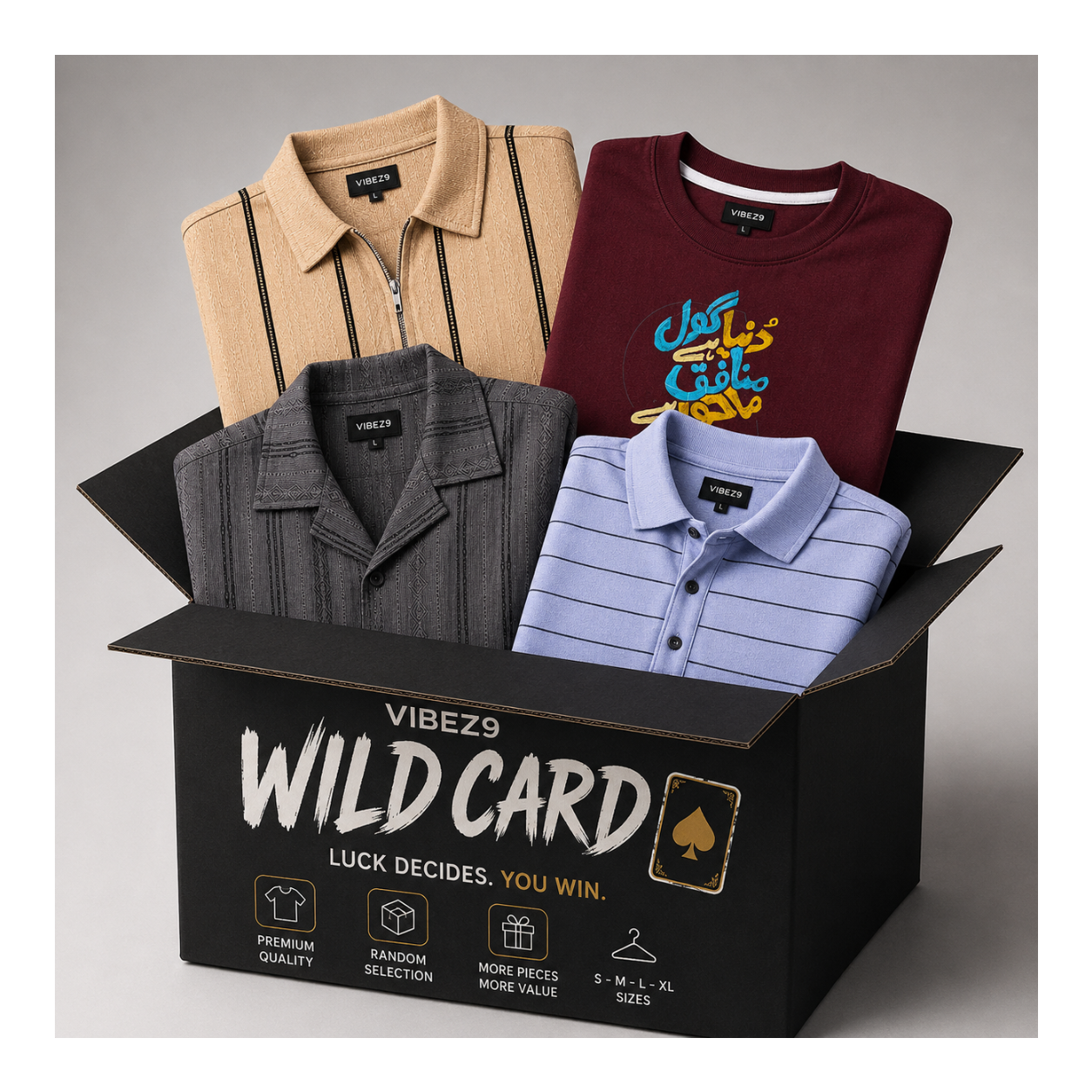 A black VIBEZ9 'Wild Card' mystery box filled with folded clothing, including a beige striped polo, a maroon graphic T-shirt, a dark gray collared shirt, and a light blue striped polo, on a neutral gray background.